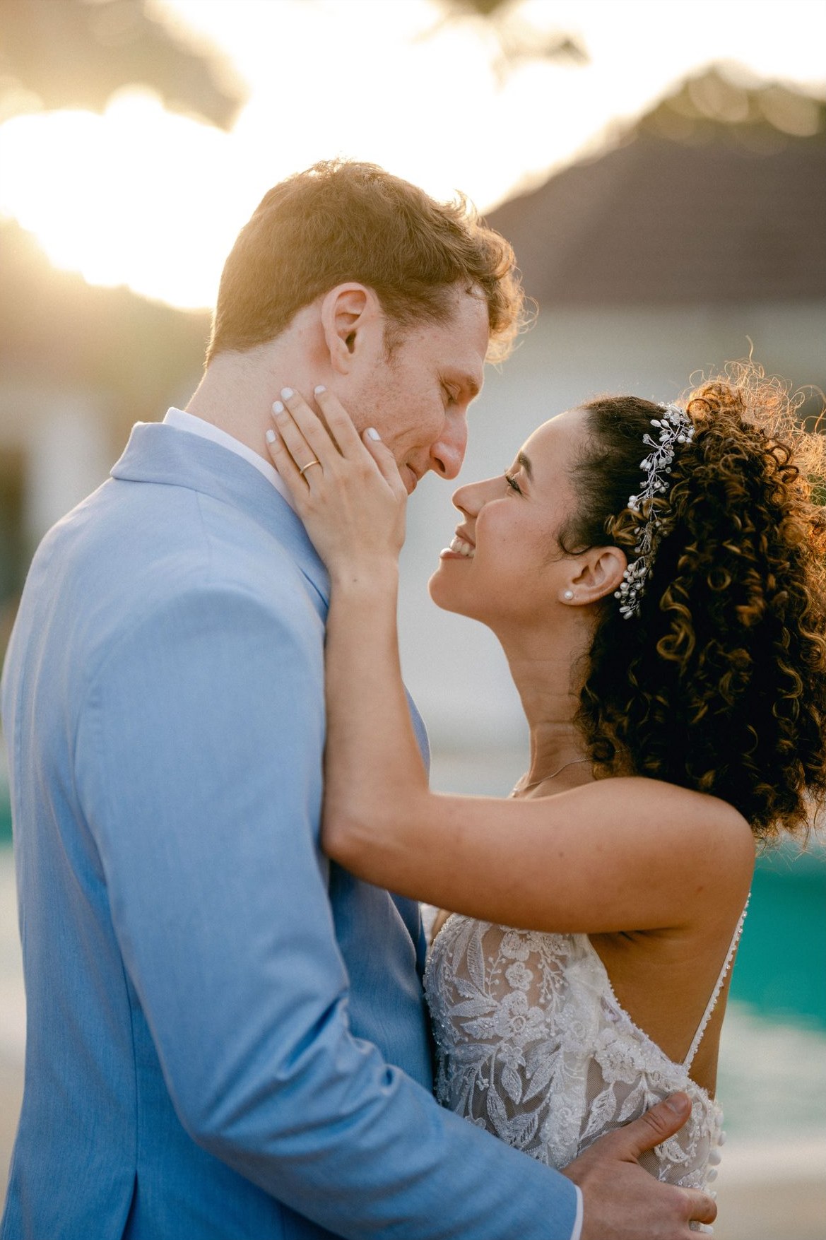 Bride and groom embracing, destination wedding in the Dominican Republic
