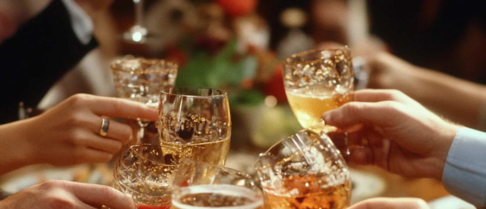 Wedding guests raising their glasses in a toast at dinner